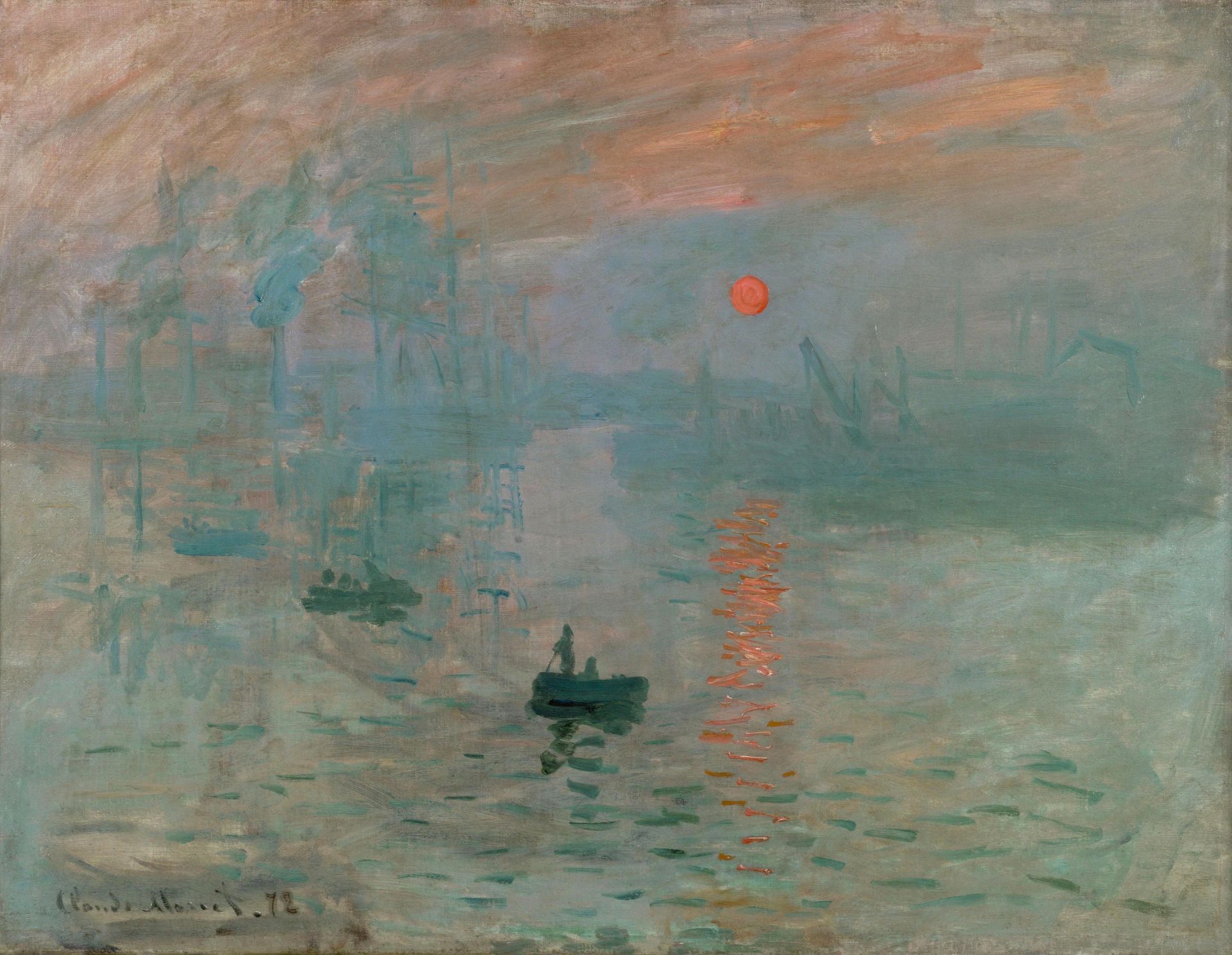 Claude Monet, Impression, Sunrise, 1872: an orange sun rising over a misty blue harbour