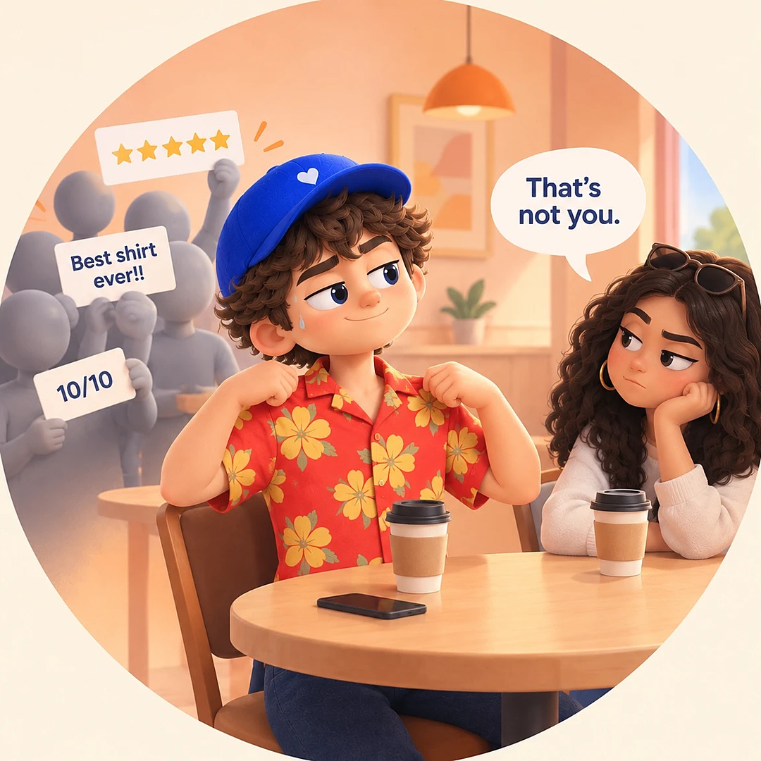Wearing the shirt that faceless strangers rated five stars, he shows it off at a café; his friend says “That’s not you.”